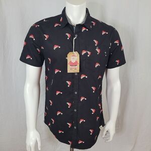 Free Planet Black Button Down Santa Hat Believe Short Sleeve Collar Shirt Size L